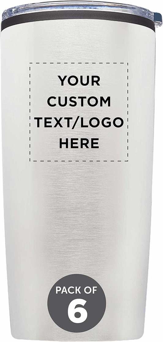 Custom Plastic Tumblers 20 oz. Set of 6, Personalized Bulk Pack - With lids, Ice Coffee Tumbler, To Go Cup, Insulated - Silver