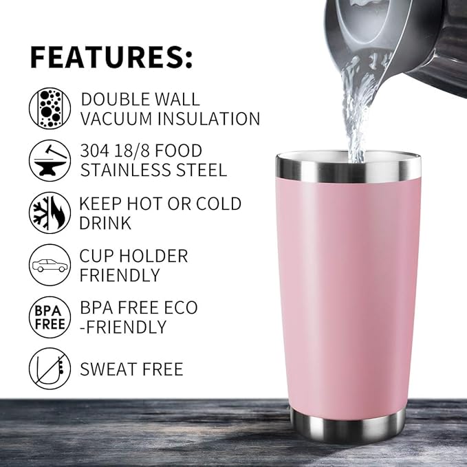 20oz Tumbler Bulk Stainless Steel Vacuum Insulated Tumblers with Lid Double Wall Travel Mug Durable Powder Coated Coffee Cup, Suitable for Ice Drinks and Hot Beverage (Pink 1pack)
