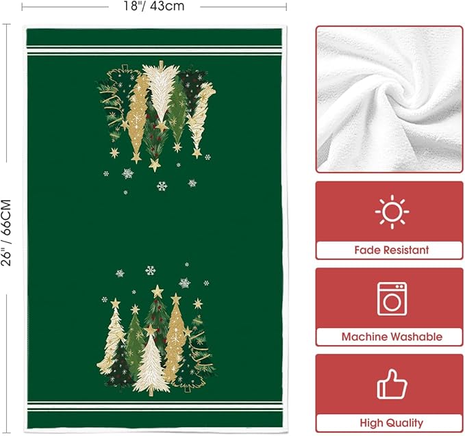 Artoid Mode Green Xmas Tree Merry Christmas Kitchen Towels Dish Towels, 18x26 Inch Farmhouse Star Snowflakes Decoration Cleaning Set of 2