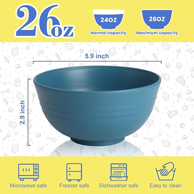 Wheat Straw Bowls, 26 OZ Cereal Bowls Set of 6, Unbreakable Salad and Soup Bowls for Kitchen, Microwave & Dishwasher Safe Bowl Set, Plastic Camping Bowl - Multi