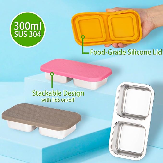 3 Pack Stainless Steel Snack Containers, 2 Compartment Snack Containers with Lids, Reusable Food Storage Containers with Lids for Travel, Outdoor, Camping
