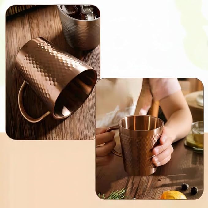 YJX 15oz Coffee Mugs Set of 2, Hammered 304 Stainless Steel Coffee Cups for Gifts, Copper Tea Cup with Handle, Lightweight Teacups for Tea, Cold Drinks, Beer, Wine, Bars, Parties(450ml)