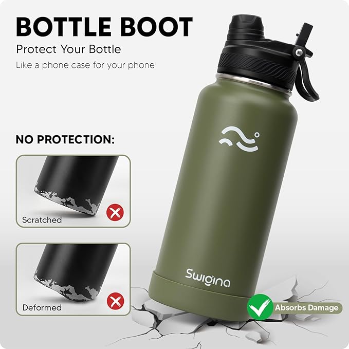 [2-IN-1 LID] Insulated Water Bottle with Silicone Boot (36hrs Cold/18hrs Hot) - DIY Stickers, Leakproof, BPA Free, 32 oz