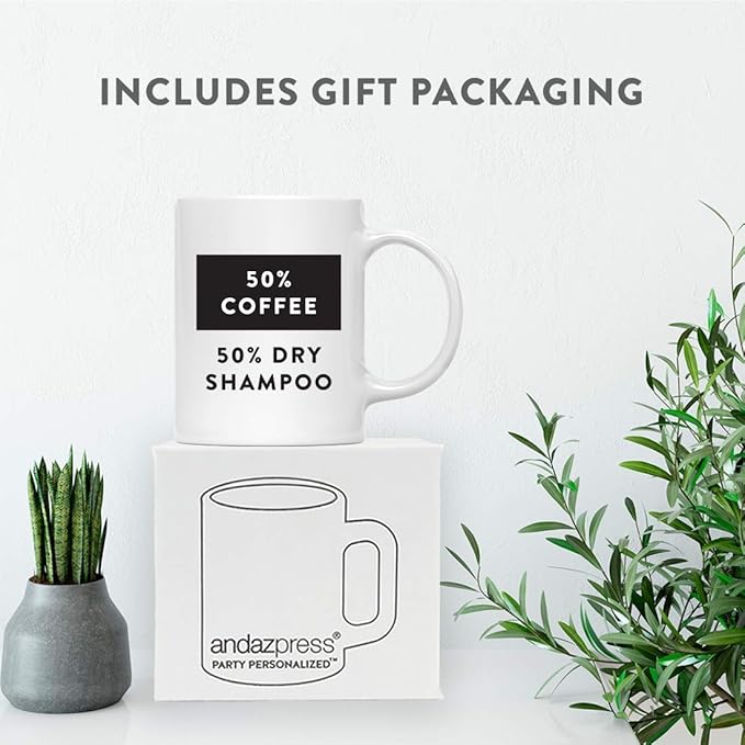 Andaz Press Mother's Day 11oz. Ceramic Coffee Tea Mug Gift for Mom, 50% Coffee 50% Day Shampoo, 1-Pack, Birthday Christmas Gift Ideas