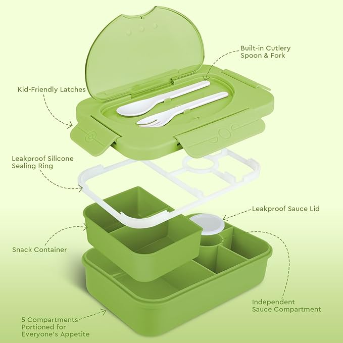 Bento Box Adult Lunch Box,Lunch Containers for Adults Kids,5-Compartment Bento Box for Kids Snack Boxes with Cutlery (Green)