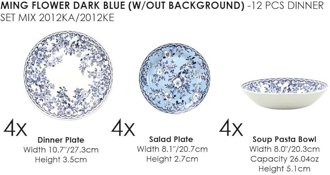 TUDOR ROYAL 12-Piece Porcelain Round Dinnerware Set, Service for 4, MING FLOWER Design, Blue Floral, Plates Bowls Dishes, Premium Quality Tableware, Unique Pattern, Glossy