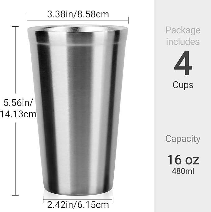 Beasea Stainless Steel Cups 16 oz, 4 Pack Stainless Steel Tumbler Stackable Double Wall Vacuum Insulated Metal Drinking Glasses for Home Restaurant Ofiice Party Camping