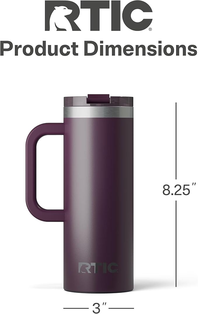 RTIC 20oz Road Trip Travel Mug with Lid and Handle, Ceramic Lined, Insulated, Stainless Steel, Metal, Double Wall Vacuum-Insulation, Portable Coffee, Tea Cup for Hot and Cold Drink, Plum
