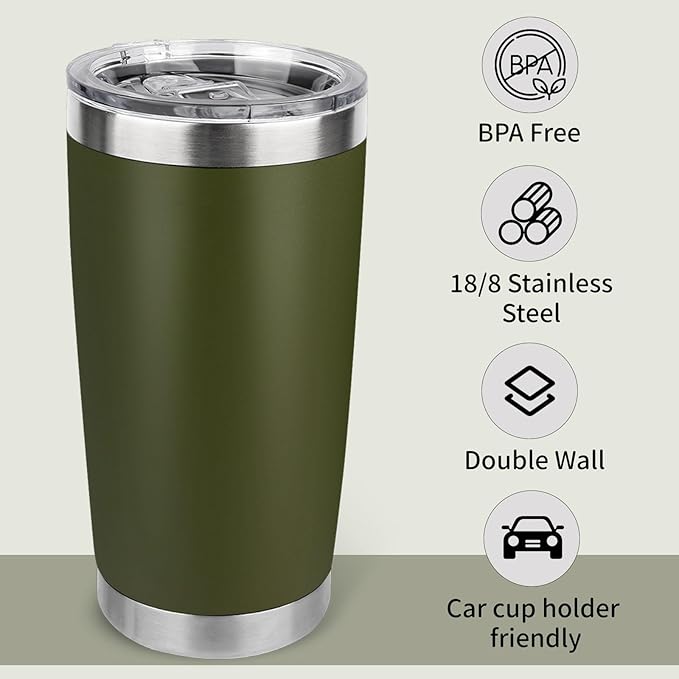 20oz Stainless Steel Tumbler with Lid, Travel Mug - Double Wall Vacuum Powder Coated Cup - Army Green, 1 Pack