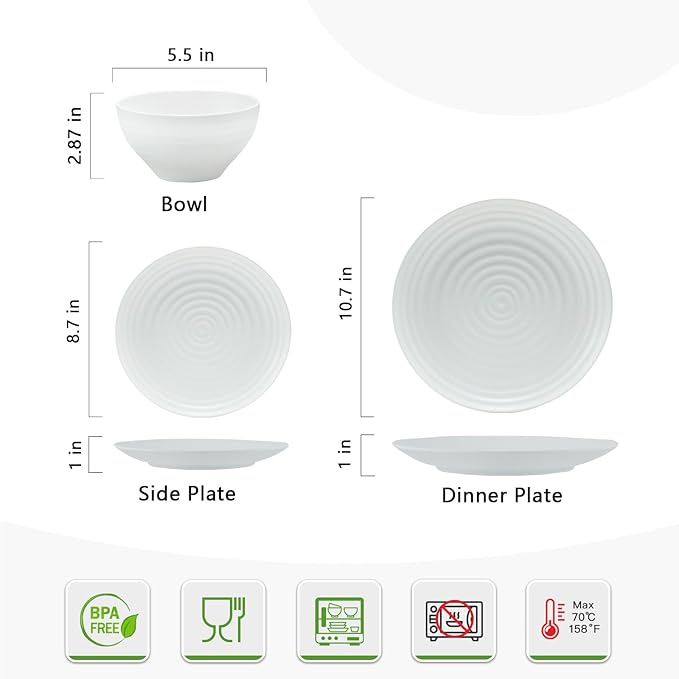 White Melamine Dinnerware Sets,12PCs Anti-scratch Dishes Set, Lightweight and Non breakable Dinnerware,Suit for Indoor and Outdoor Use, Dishwasher Safe,BPA free (Classic White)