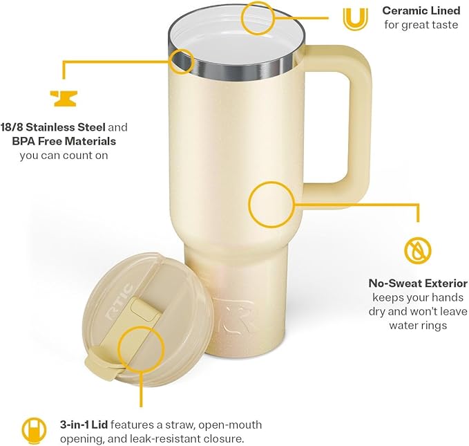RTIC 40 oz Road Trip Tumbler Double-Walled Cermaic Lined Insulated Stainless Steel Portable Travel Coffee Mug Cup with Lid, Handle and Straw, Sunlight Glitter