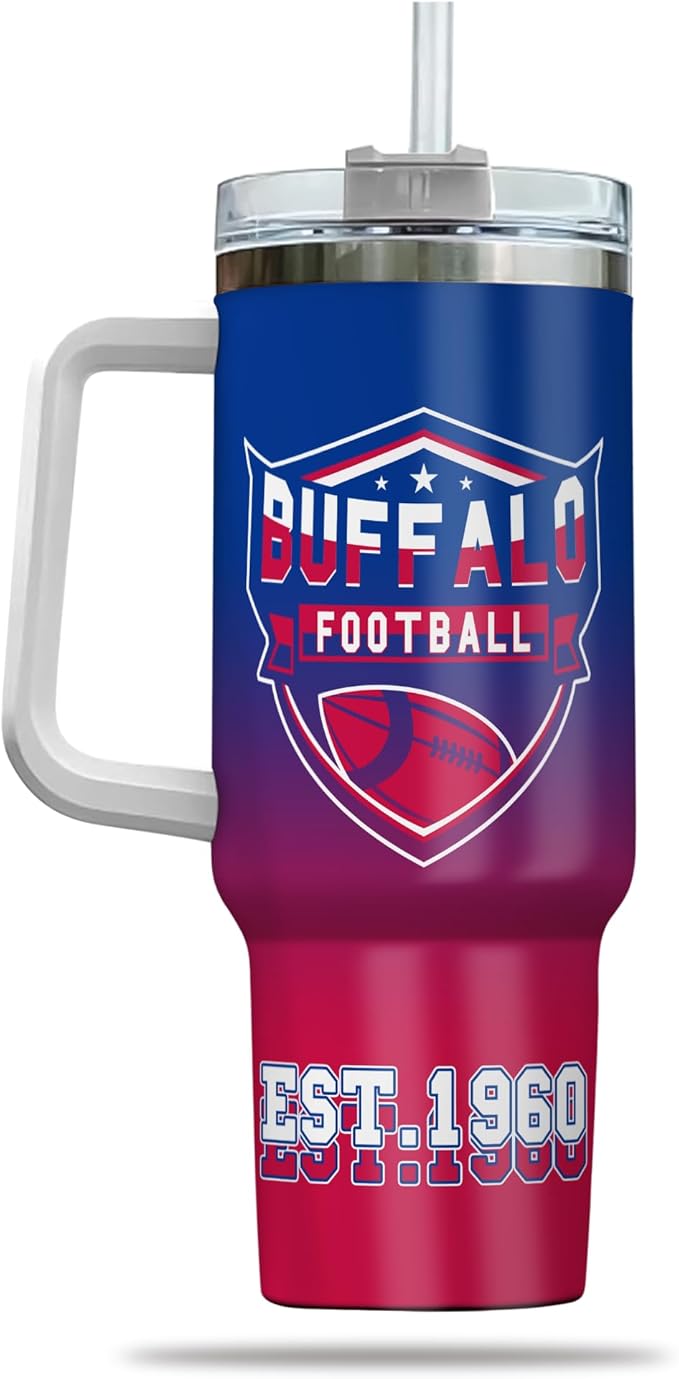 Personalized 40oz Football Stainless Steel Tumbler with Handle & Straw, Custom Insulated Travel Mug, Add Name & Number Cup, Tailgating Gift for Fans (Buffalo Colors)