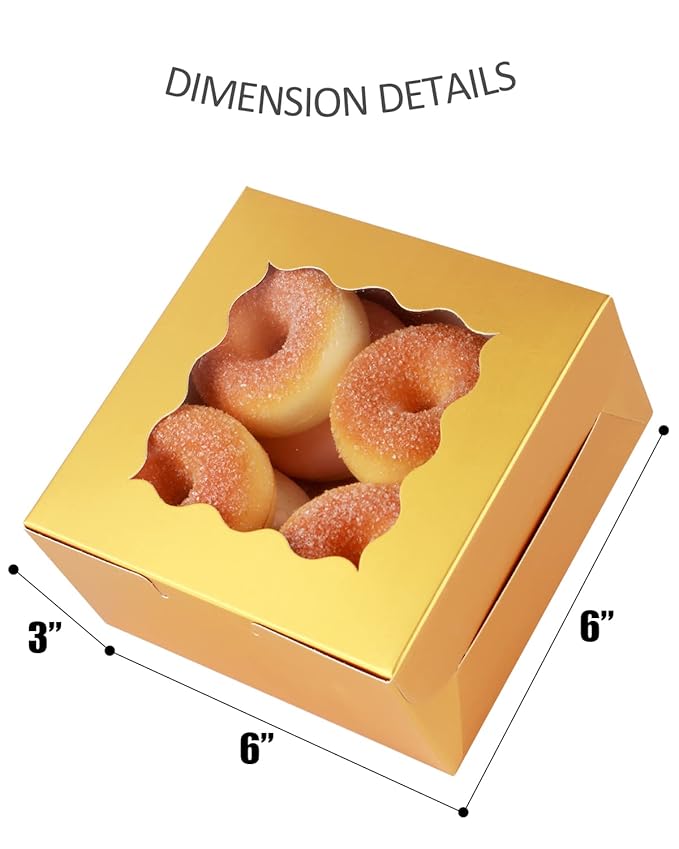qiqee Gold Bakery Box with Window 36Packs 6x6x3 Golden Cookie Boxes Gold Cardboard Boxes for Cookie, Pastry, Cupcake, Pie, Donut