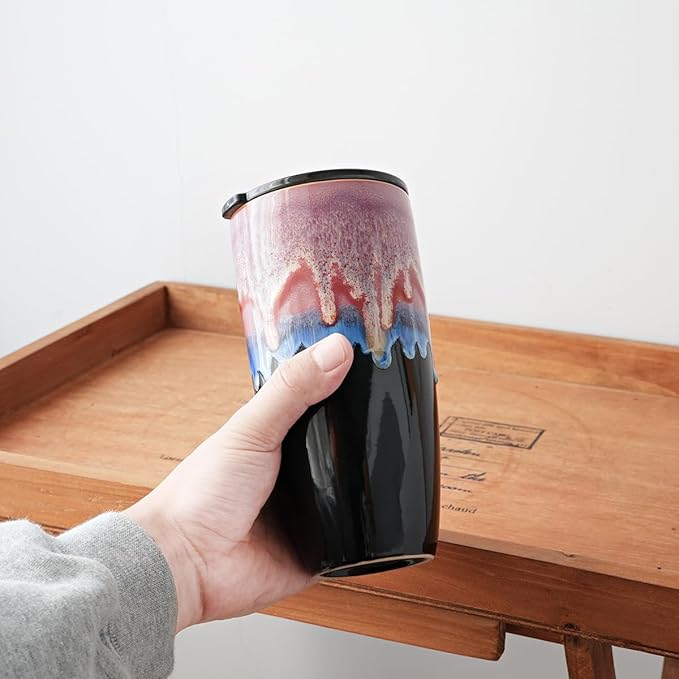 Bosmarlin Ceramic Travel Coffee Mug with Lid, 21 oz, Portable Coffee Cup for Car Cup Holder, Microwave and Dishwasher Safe, Reactive Glaze