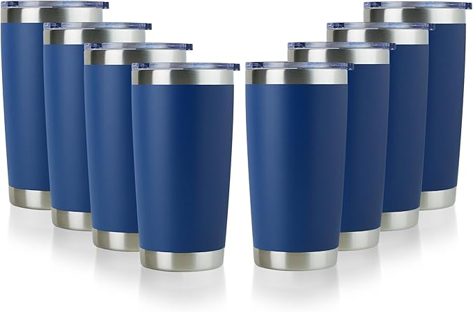 DOMICARE 20oz Stainless Steel Tumbler Bulk with Lid, Double Wall Vacuum Insulated Travel Mug, Powder Coated Coffee Cup, Dark blue, 8 Pack