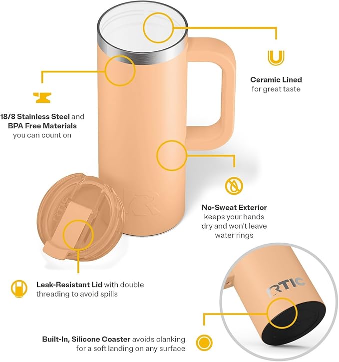 RTIC 20oz Road Trip Travel Mug with Lid and Handle, Ceramic Lined, Insulated, Stainless Steel, Metal, Double Wall Vacuum-Insulation, Portable Coffee, Tea Cup for Hot and Cold Drink, Peach Tea