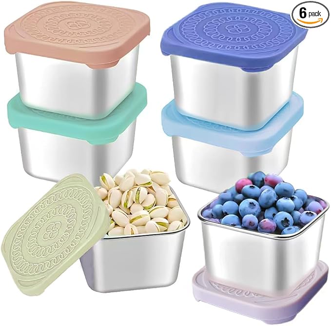 6Pack 6oz Stainless Steel Snack Containers for Kids, Easy Open Leak Proof Metal Toddler Snack Containers with Silicone Lids, Stackable Metal Toddler Lunch Box for School-U.S.Design Patent