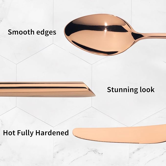 Alata Bailey Rose Gold 20-Piece Forged Stainless Steel Flatware Set Cutlery Set, Service for 4, Silver Finish, Dishwasher Safe