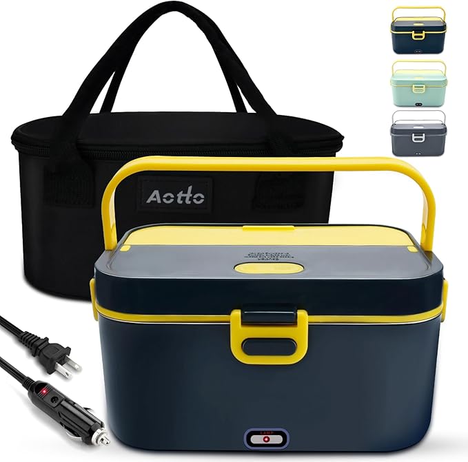 Aotto Electric Lunch Box 2L, 90W Fast Heating (12V/24V/110V) Heated Portable Food Warmer for Car/Truck/Office – Stainless Steel Container, Insulated Carry Bag – Ideal for Adults, Men, Women, Blue