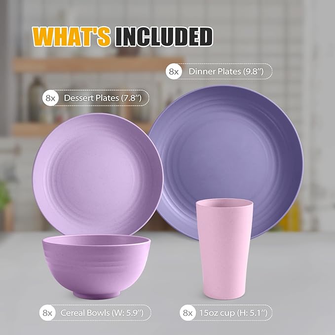 Teivio 32-Piece Kitchen Plastic Wheat Straw Dinnerware Set, Service for 8, Dinner Plates, Dessert Plate, Cereal Bowls, Cups, Unbreakable Colorful Plastic Outdoor Camping Dishes, Purple Ombre