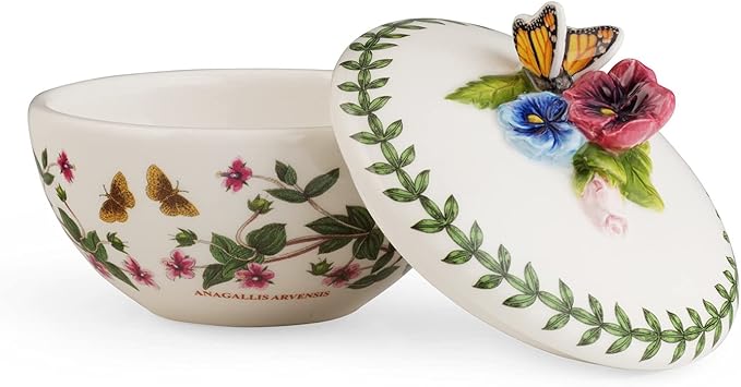 Portmeirion Elegant Botanic Garden Butterfly Trinket Box, 2.5" - Floral Motif Organizer for Rings, Bracelets, Small Jewelry - Durable Dolomite with Chip-Resistant Glaze - Decorative Holder