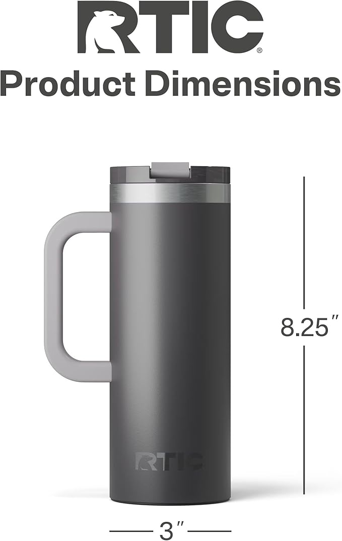 RTIC 20oz Road Trip Travel Mug with Lid and Handle, Ceramic Lined, Insulated, Stainless Steel, Metal, Double Wall Vacuum-Insulation, Portable Coffee, Tea Cup for Hot and Cold Drink, Graphite