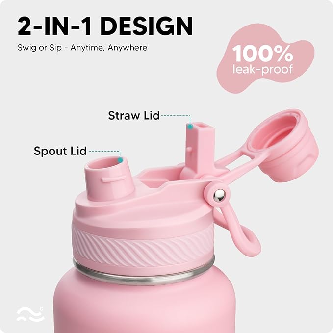 [2-IN-1 LID] Insulated Water Bottle with Silicone Boot (36hrs Cold/18hrs Hot) - DIY Stickers, Leakproof, BPA Free, 32 oz