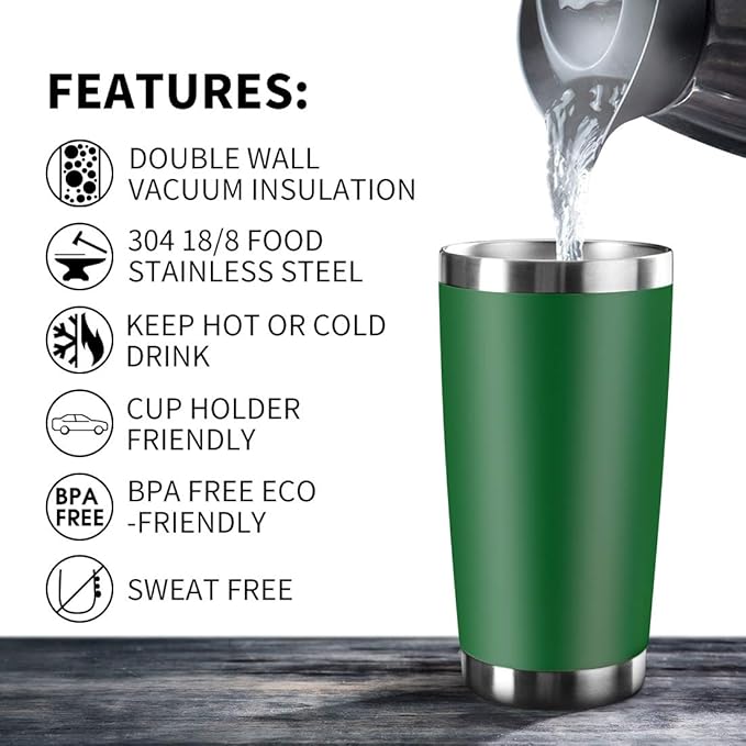 20oz Tumbler Bulk Stainless Steel Vacuum Insulated Tumblers with Lid Double Wall Travel Mug, Powder Coated Coffee Cup, Suitable for Ice Drinks and Hot Beverage (Dark green 1pack)