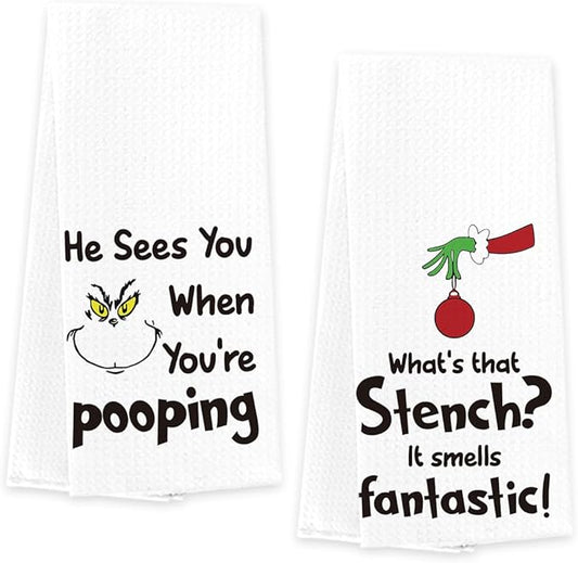 Christmas Kitchen Decor,Christmas Hand Kitchen Towels Set of 2,Xmas Decor He Sees You When You're Pooping Baking Cooking Cloth,Funny Holiday Winter Home Kitchen Decoration 14 x 23 Inches