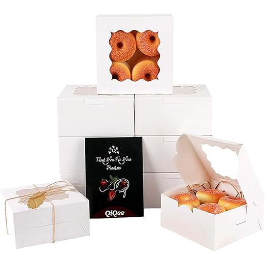 qiqee Bakery Box with Window 100packs 6x6x3 White Cookie Boxes Pastry Box for Wedding Favor Birthday ＆ Party