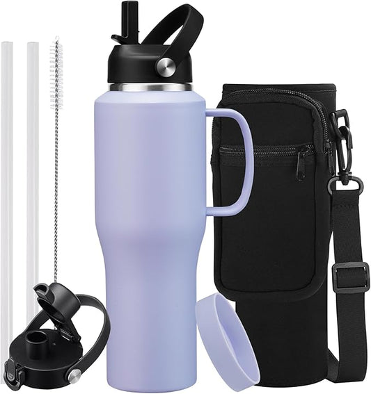 32oz 40oz Insulated Water Bottle with Handle, 32oz tumbler with Straw & Spout Lid for Hot 24h & Cold 48h, Stainless Steel Leakproof Hydro Travel Mug Flask, Purple Tumbler Cup Fits in Car Cup Holder