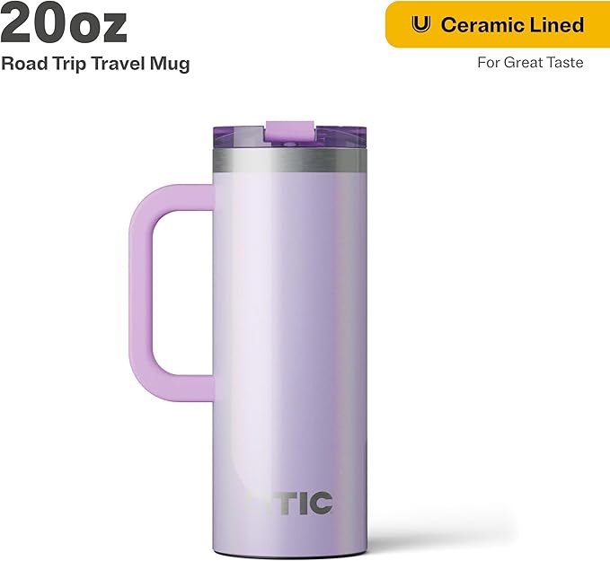 RTIC 20oz Road Trip Travel Mug with Lid and Handle, Ceramic Lined, Insulated, Stainless Steel, Metal, Double Wall Vacuum-Insulation, Portable Coffee, Tea Cup for Hot and Cold Drink, Lavender Glitter