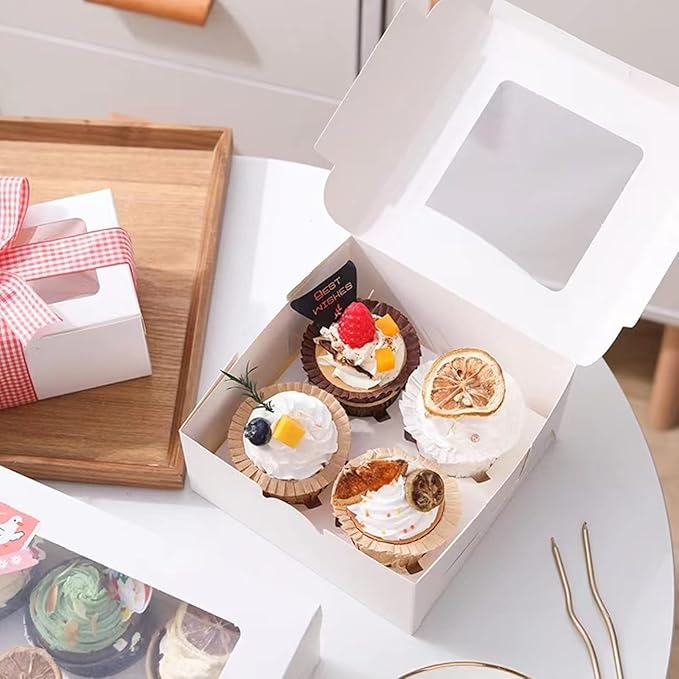 30-Set Cupcake Boxes Bulk with Clear Display Window Hold 4 Standard Cupcakes, Disposable Food Grade White Cupcake Carrier Cupcake Container, Perfect for Cupcakes Muffins Cookies Pastries