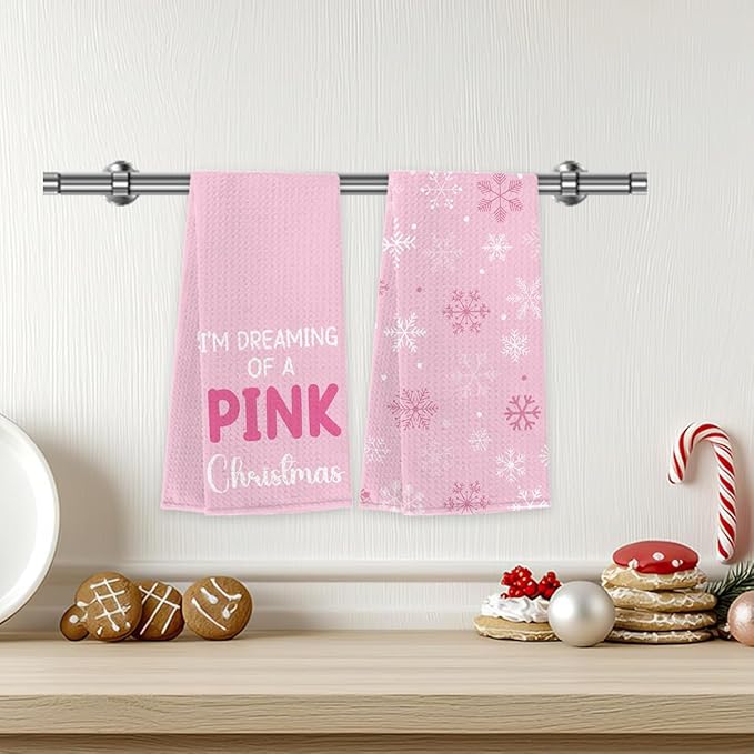 Pink Christmas Kitchen Towels,Christmas Decor Pink Bathroom,Xmas Gifts, Holiday Snowflakes Decorative Absorbent Dish Cloths and Tea Towels for Bathroom Decor 14 x 23 Inches