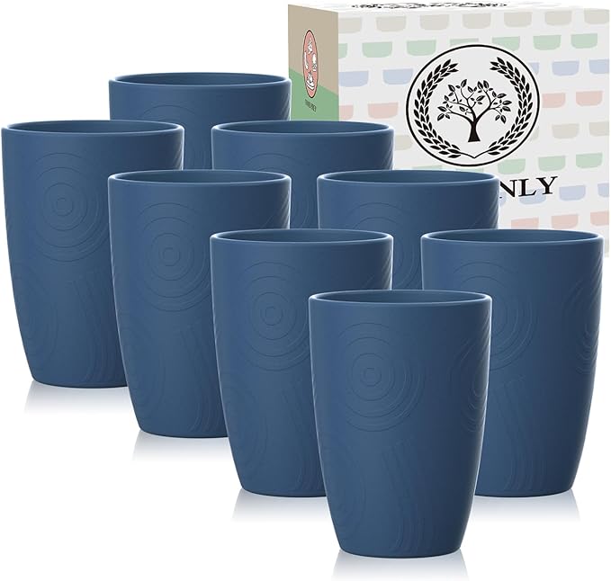 Wheat Straw Cups 8 PCS Plastic Cups Reusable a Good Alternative Drinking Glasses Plastic Glasses Cups Unbreakable Drinking Cup Reusable Dishwasher Safe Microwave Safe Cups with Blue Color (12 OZ)
