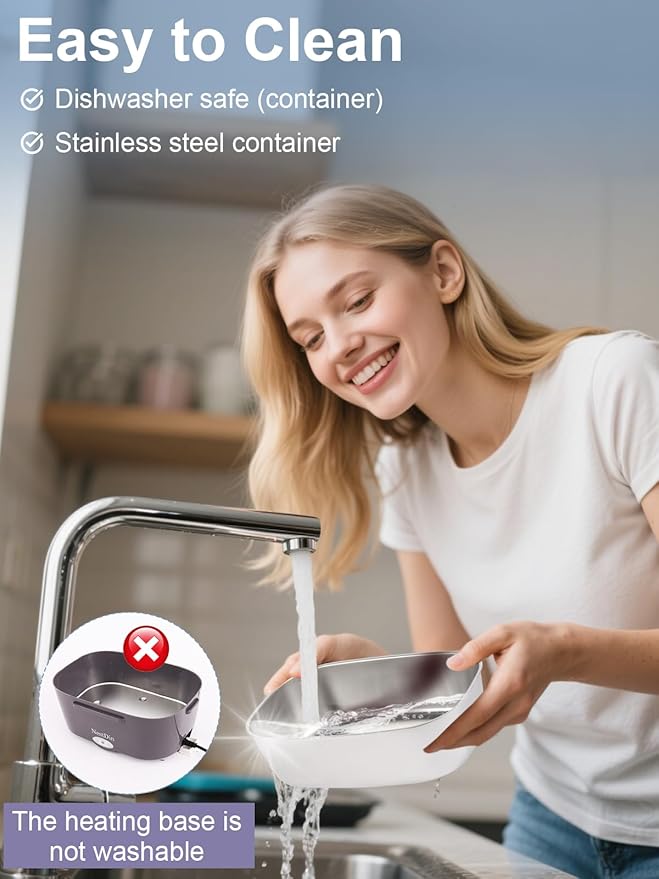 80W Electric Lunch Box for Adults, Portable Heated Lunch Box for Men, 1.5L Food Warmer Lunchbox for Car/Truck/Office, 12V/24V/110V Leak-Proof, Dishwasher-Safe with Insulated Bag(Purple Grey)