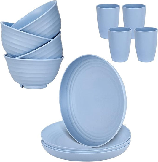 12pcs Plastic Wheat Straw Dinnerware Sets Service for 4, Cups, Plates and Bowls Sets Microwave Dishwasher Safe Lightweight
