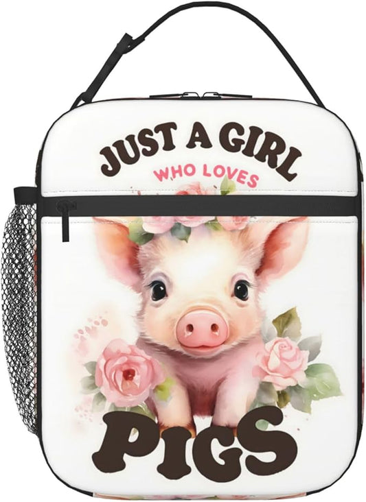 Reusable Just a Girl Who Loves Pigs Lunch Box for Kids, Insulated Cute Pig Bag,Polyester Cooler Animal Lovers Handbags Case for School Picnic Work Travel Beach or Hiking, Gifts