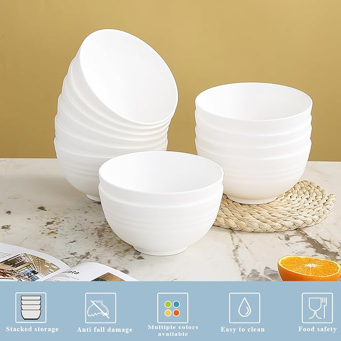 Berglander White Plastic Bowls Set of 12 Pieces 25oz, Reusable and Sturdy Ramen Bowl, Soup Bowls, Cereal Bowl for Adult, Kids, Home, Restaurant, Garden, Picnic, Camping, Poolside, Outdoor