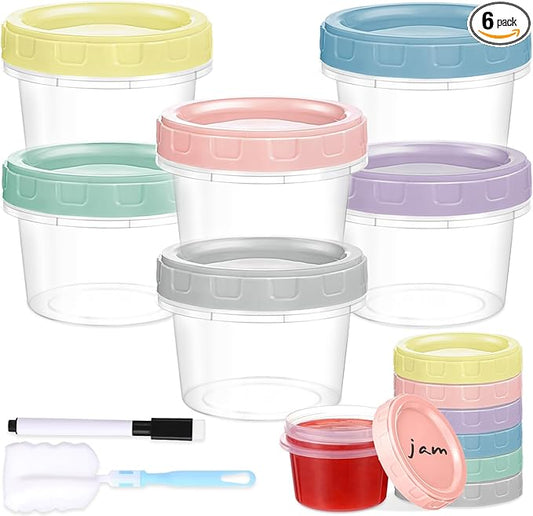6pcs 4 oz Plastic Containers with Screw Lids, Reusable 1/2 Cup Small Food Storage Containers, Leakproof, Microwave Dishwasher Freezer Safe, with Pen and Brush