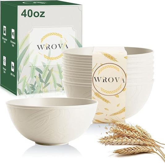 Wrova Beige Wheat Straw Bowls for Cereal and Salad,Alternative Plastic Bowls Set of 6,40oz Unbreakable Soup Bowls suitable for Kitchen,Party,Camping and R.V.