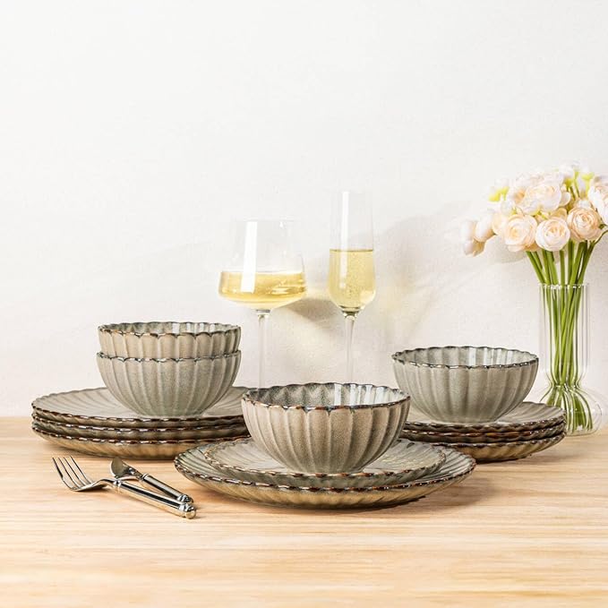 GBHOME Stoneware Dinnerware Sets for 4,Handcrafted Embossed Design Reactive Glaze Ceramic Plates and Bowls, Dishwasher and Microwave Safe, Service for 4(12pcs)
