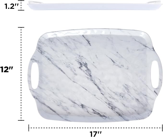 TP Serving Trays with Handles, 17 Inch Large Rectangular Melamine Serving Platter Set of 2, White Marble