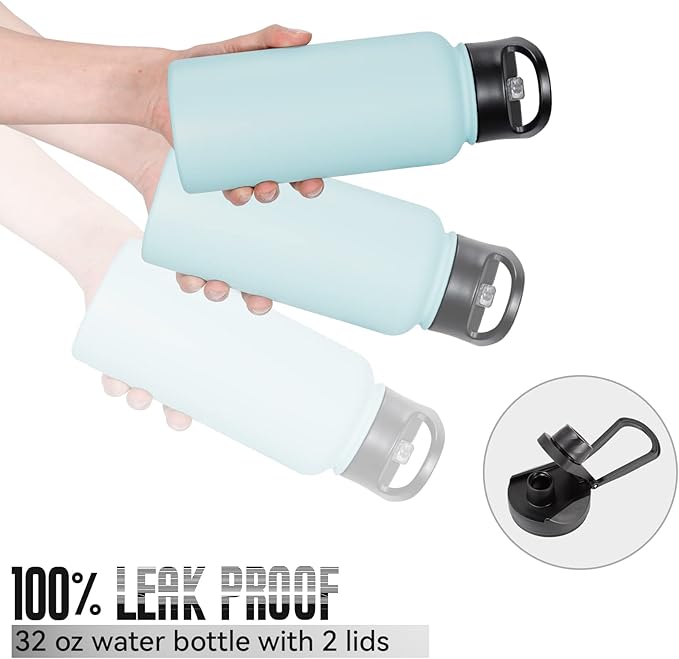 32 oz Insulated Water Bottle with Straw Lid & Wide Mouth Lids, Stainless Steel Sports Water Bottles, Double Walled Vacuum, Leak Proof, Turquoise Blue