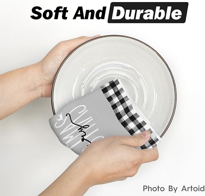 Artoid Mode Buffalo Plaid Merry Christmas Kitchen Towels Dish Towels, 18x26 Inch Winter Xmas Trees Star Decoration Hand Towels Set of 2