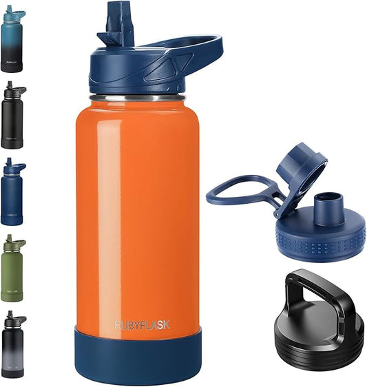 32oz Insulated Water Bottle with Straw, Stainless Steel Metal Vacuum Water Flask, Large Thermal Water bottle with Leakproof 3 Lids for Travel, Camping, Gym Sports Orange