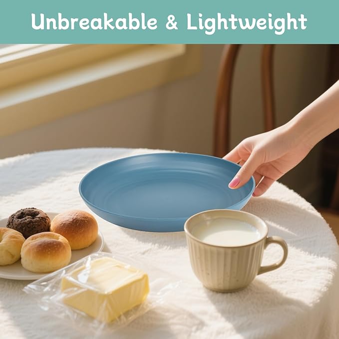 28 Piece Wheat Straw Dinnerware Sets,Dishwasher & Microwave Safe Plates and Bowls Sets - Unbreakable Plastic Dinnerware Sets for 4 Dinner Plates, Cups, Cereal Bowls - Colorful Series