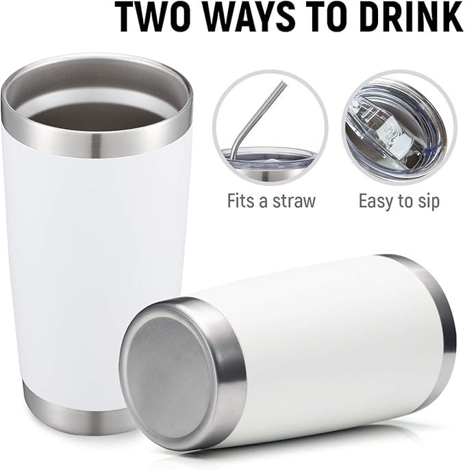 COMOOO 20oz White Tumbler Bulk with Straw Stainless Steel Insulated Coffee Tumbler Cups Double Wall Vacuum Travel Coffee Mug with Splash Proof Sliding Lid for Hot Cold Drinks (White, 4 Pack)