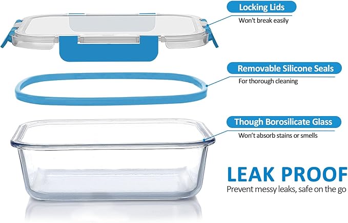 24-Piece Glass Food Storage Containers with Upgraded Snap Locking Lids,Glass Meal Prep Containers Set - Airtight Lunch Containers, Microwave, Oven, Freezer and Dishwasher, Blue