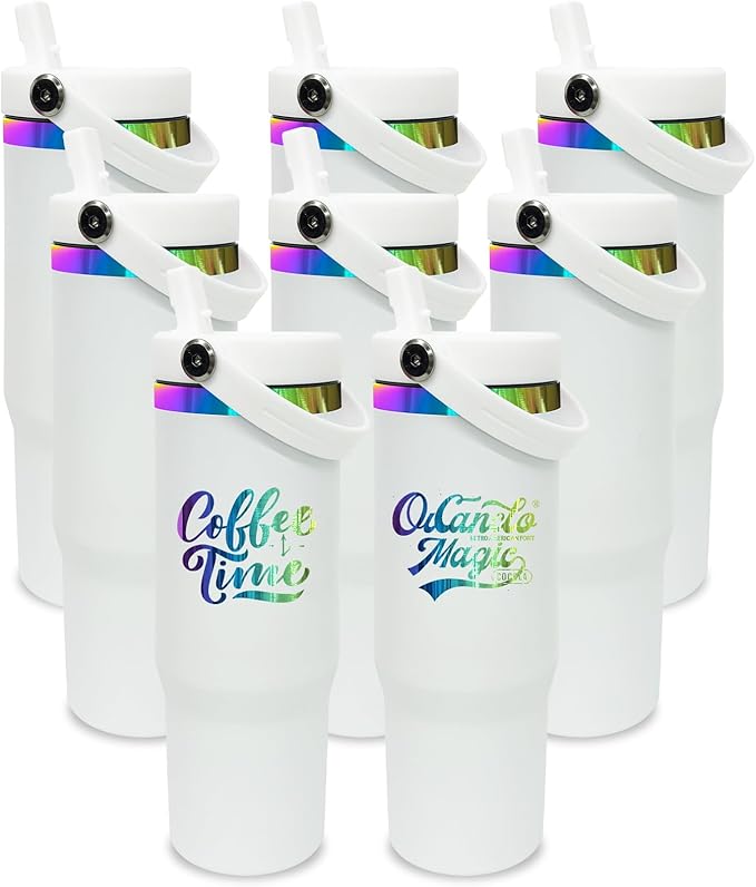 30 oz Tumbler Bulk with Handle and Straw, Vacuum Insulated Tumblers with Flip Straw and Top Handle, Leakproof Powder Coated Tumbler, Stainless Steel Travel Mug for Coffee Water (White, 8 Pack)